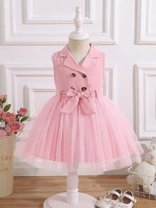 SHEIN Elladie kids فستان ربط بأزرار مزدوجة وحزام لفتاة الرضع بحاشية من الشبكة - وردي فاتح - مشاهدة 1