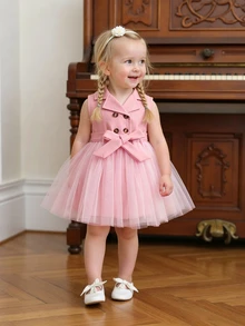 SHEIN Elladie kids فستان ربط بأزرار مزدوجة وحزام لفتاة الرضع بحاشية من الشبكة - وردي فاتح - مشاهدة 8