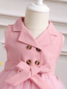 SHEIN Elladie kids فستان ربط بأزرار مزدوجة وحزام لفتاة الرضع بحاشية من الشبكة - وردي فاتح - مشاهدة 5
