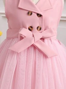 SHEIN Elladie kids فستان ربط بأزرار مزدوجة وحزام لفتاة الرضع بحاشية من الشبكة - وردي فاتح - مشاهدة 6