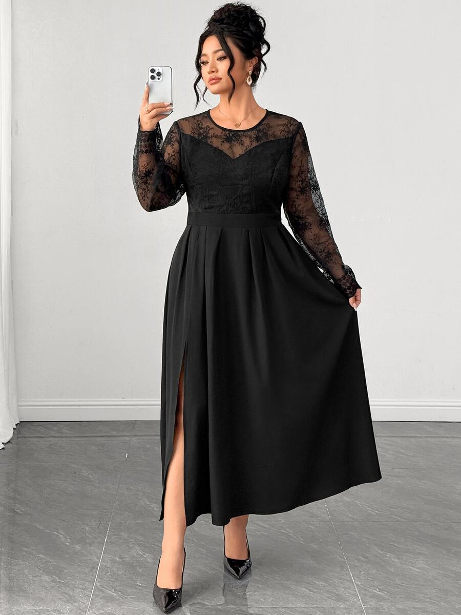 Elenzga Gaun Wanita Kasual Lengan Panjang dengan Patchwork Renda, Potongan Slim Fit, dan Belahan Samping untuk Musim Gugur - Hitam - View 1