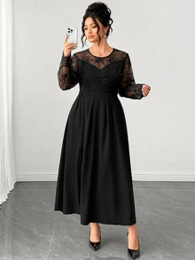 Elenzga Gaun Wanita Kasual Lengan Panjang dengan Patchwork Renda, Potongan Slim Fit, dan Belahan Samping untuk Musim Gugur - Hitam - View 4