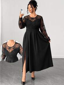 Elenzga Gaun Wanita Kasual Lengan Panjang dengan Patchwork Renda, Potongan Slim Fit, dan Belahan Samping untuk Musim Gugur - Hitam - View 8
