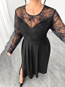 Elenzga Gaun Wanita Kasual Lengan Panjang dengan Patchwork Renda, Potongan Slim Fit, dan Belahan Samping untuk Musim Gugur - Hitam - View 6
