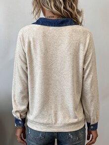 Linhara CURVE 2026 Plus Size Autumn/Winter New Casual Denim Effect Patchwork Drop Shoulder Versatile Women's Sweatshirt - Grey - View 2