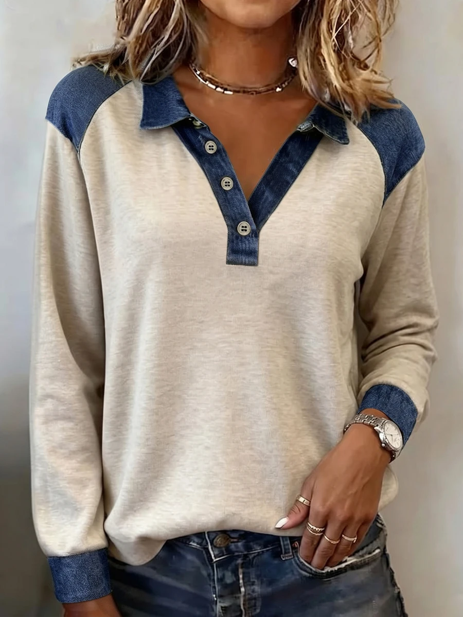Linhara CURVE 2026 Plus Size Autumn/Winter New Casual Denim Effect Patchwork Drop Shoulder Versatile Women's Sweatshirt - Grey - View 1