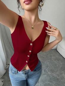 Elenzga 2025 Spring & Summer Versatile Casual Slim Fit V-Neck Sleeveless Top - Burgundy - View 4
