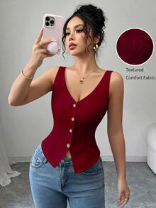 Elenzga 2025 Spring & Summer Versatile Casual Slim Fit V-Neck Sleeveless Top - Burgundy - View 2