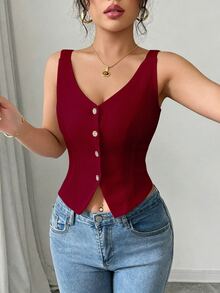 Elenzga 2025 Spring & Summer Versatile Casual Slim Fit V-Neck Sleeveless Top - Burgundy - View 3