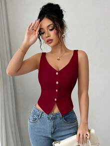 Elenzga 2025 Spring & Summer Versatile Casual Slim Fit V-Neck Sleeveless Top - Burgundy - View 6