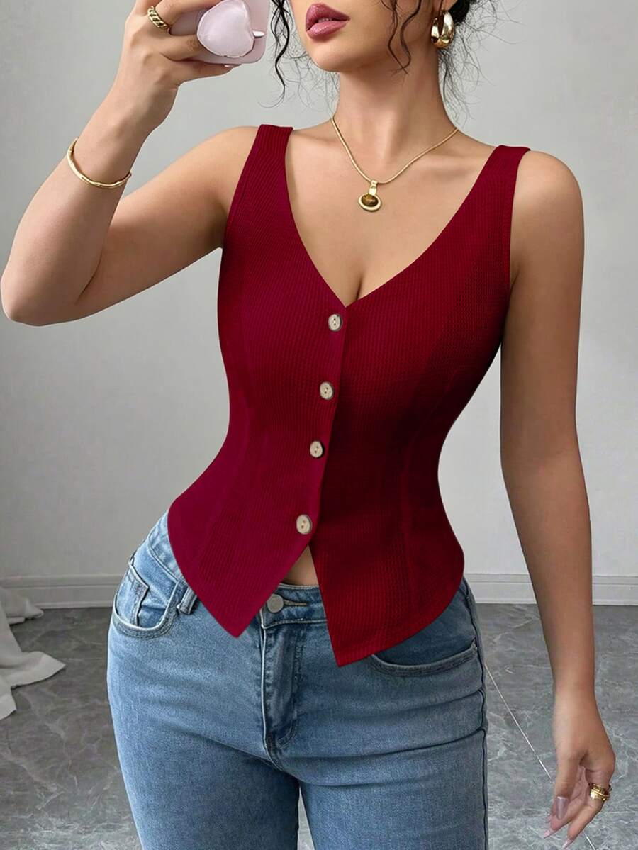 Elenzga 2025 Spring & Summer Versatile Casual Slim Fit V-Neck Sleeveless Top - Burgundy - View 1