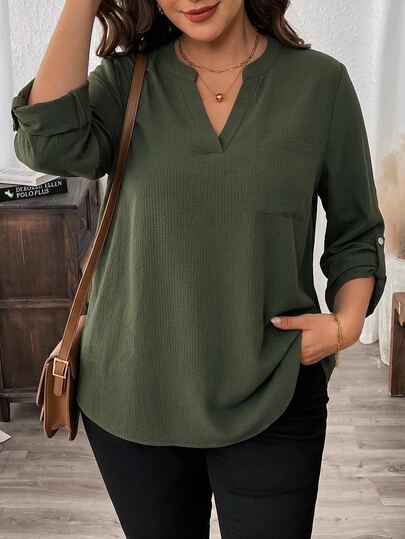 Comfylo Plus Size Women's Solid Color Notched V-Neck Casual Versatile Everyday Blouse