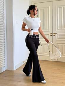 SHEIN Raffinéa Polka Dot Print Drawstring Side Flare Leg Pants - Black - View 4