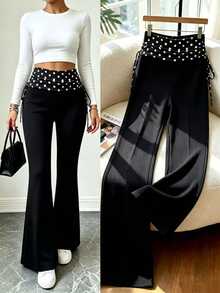 SHEIN Raffinéa Polka Dot Print Drawstring Side Flare Leg Pants - Black - View 1