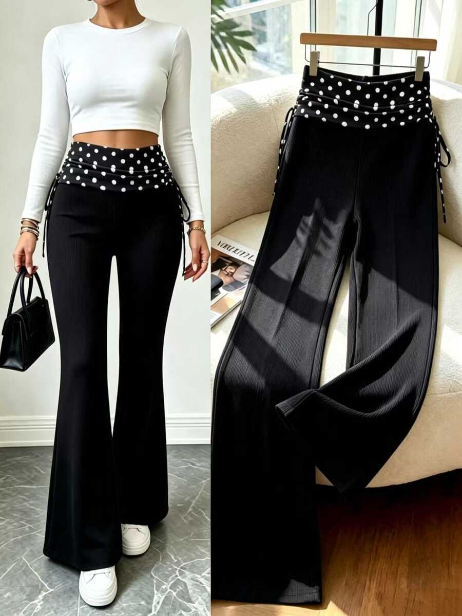SHEIN Raffinéa Polka Dot Print Drawstring Side Flare Leg Pants - Black - View 1