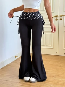 SHEIN Raffinéa Polka Dot Print Drawstring Side Flare Leg Pants - Black - View 7