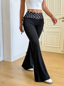 SHEIN Raffinéa Polka Dot Print Drawstring Side Flare Leg Pants - Black - View 6