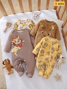 Newborn Double-Sided Flannel Cartoon Lion Fun Pattern Long Sleeve Jumpsuit Footed Jumpsuit Home Wear 2 Pieces Set - Yellow - View 6