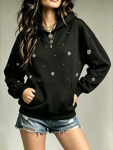 SHEIN Franclia Women's Casual & Elegant Rhinestone-Embellished Sweatshirt – Suitable For Campus Wear (Black, Autumn/Winter Style) - Black - View 4