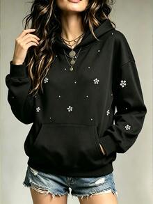 SHEIN Franclia Women's Casual & Elegant Rhinestone-Embellished Sweatshirt – Suitable For Campus Wear (Black, Autumn/Winter Style) - Black - View 5