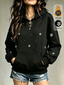 SHEIN Franclia Women's Casual & Elegant Rhinestone-Embellished Sweatshirt – Suitable For Campus Wear (Black, Autumn/Winter Style) - Black - View 3