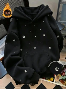 SHEIN Franclia Women's Casual & Elegant Rhinestone-Embellished Sweatshirt – Suitable For Campus Wear (Black, Autumn/Winter Style) - Black - View 1