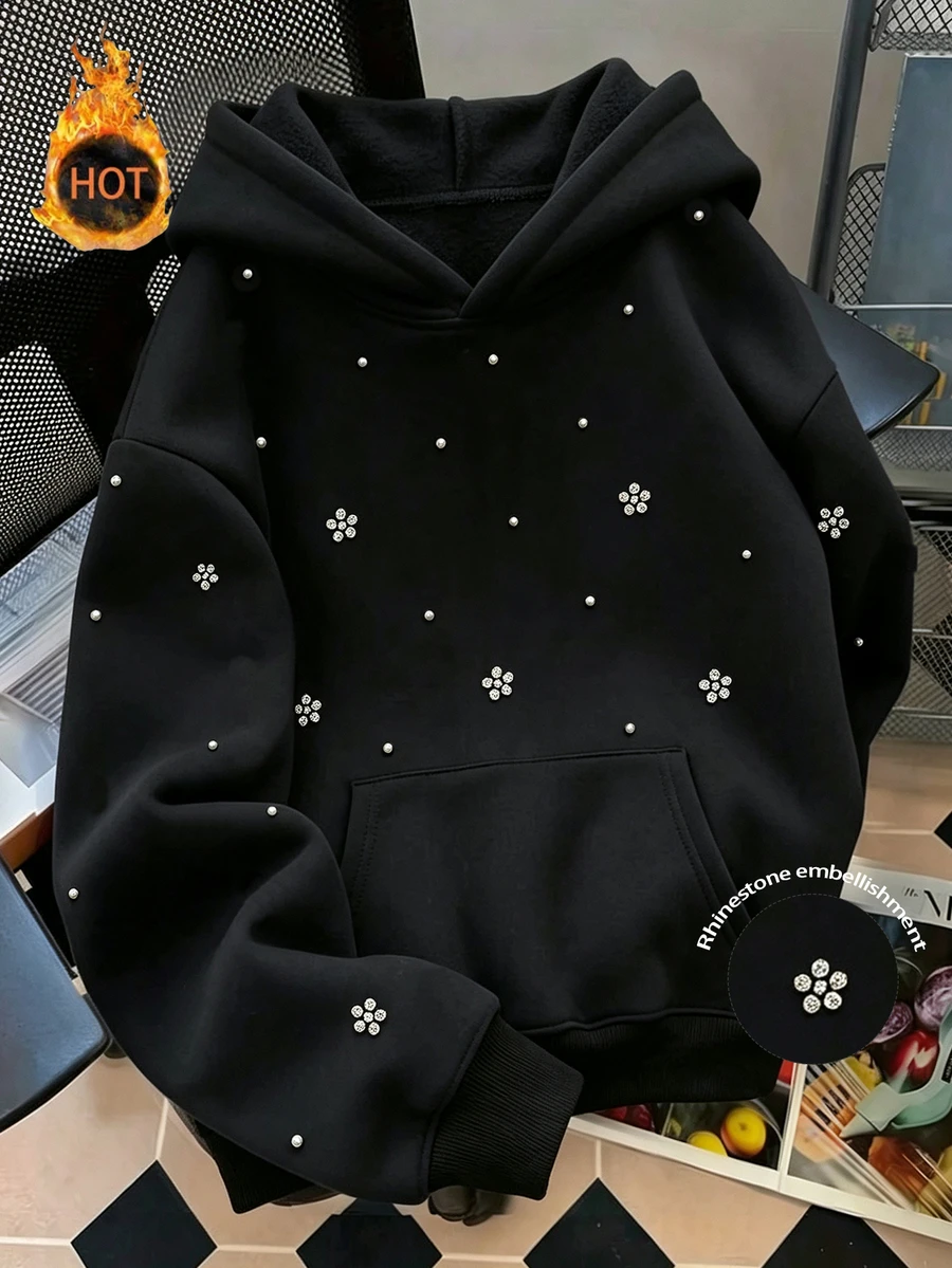 SHEIN Franclia Women's Casual & Elegant Rhinestone-Embellished Sweatshirt – Suitable For Campus Wear (Black, Autumn/Winter Style) - Black - View 1