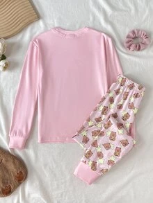 SHEIN KidsTween Girl Snug Fit Long Sleeve Long Pants Cartoon Pattern Pink Pajama Set - Pink - View 5