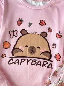 SHEIN KidsTween Girl Snug Fit Long Sleeve Long Pants Cartoon Pattern Pink Pajama Set - Pink - View 4