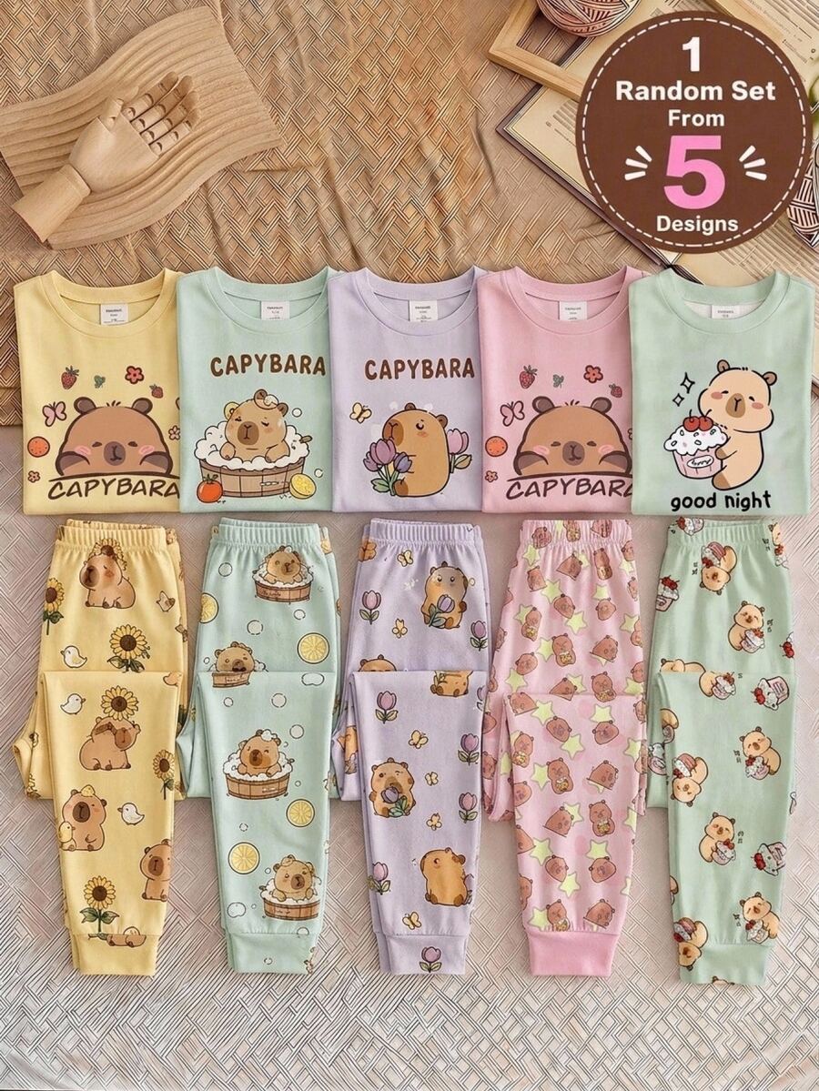 SHEIN KidsTween Girl Snug Fit Long Sleeve Long Pants Cartoon Pattern Pink Pajama Set - Pink - View 1