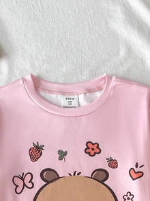 SHEIN KidsTween Girl Snug Fit Long Sleeve Long Pants Cartoon Pattern Pink Pajama Set - Pink - View 2
