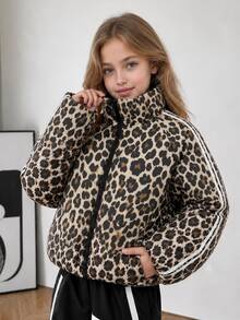 SHEIN 青少年女孩長袖抓絨豹紋保暖加厚外套，街頭風機車滑板圖案拉鍊上衣，米色豹紋厚款冬季校園健身運動外套 - 棕色 - 查看 3