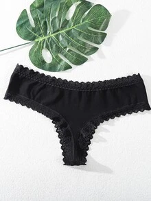 SHEIN 女士纯色对比蕾丝性感丁字裤 - 黑色 - 查看 6