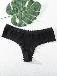 SHEIN 女士纯色对比蕾丝性感丁字裤 - 黑色 - 查看 4