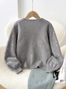 SHEIN 青少年女孩波點圖案前領結開襟衫 - 灰色 - 查看 2