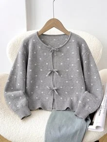 SHEIN 青少年女孩波點圖案前領結開襟衫 - 灰色 - 查看 3