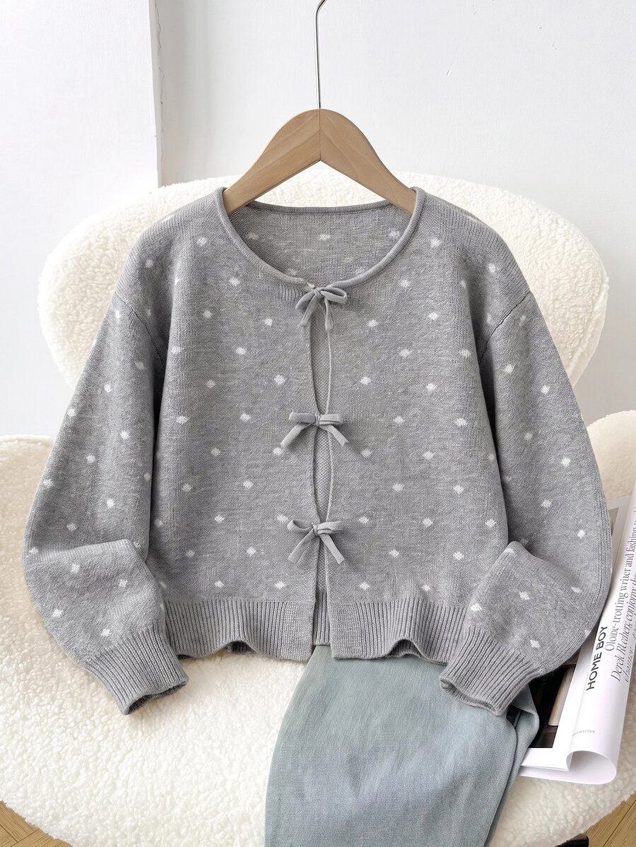 SHEIN Cardigan för tweenflicka med prickigt mönster och rosett fram - Grå - Visa 1