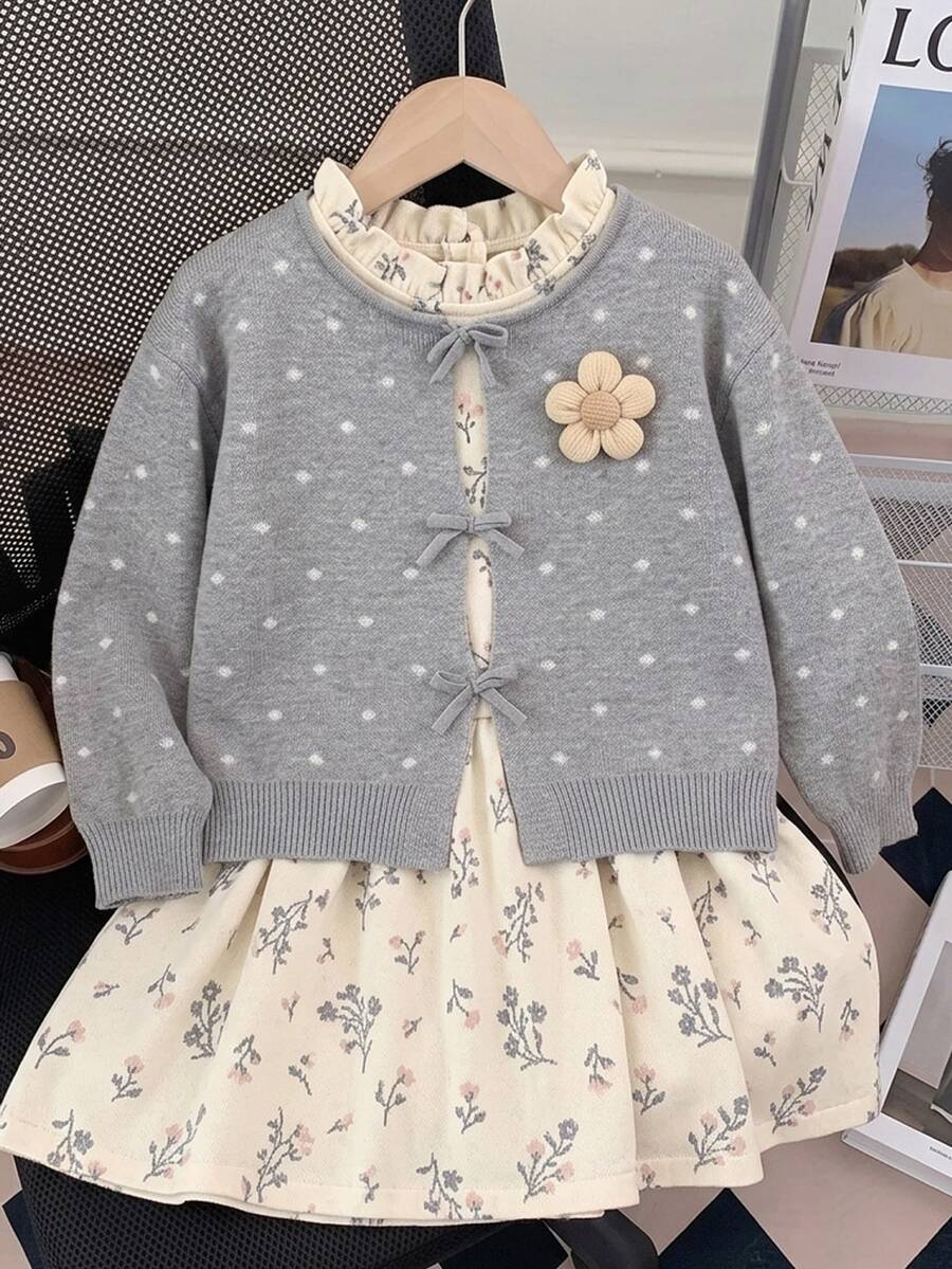 SHEIN 青少年女孩波點圖案前領結開襟衫 - 灰色 - 查看 1