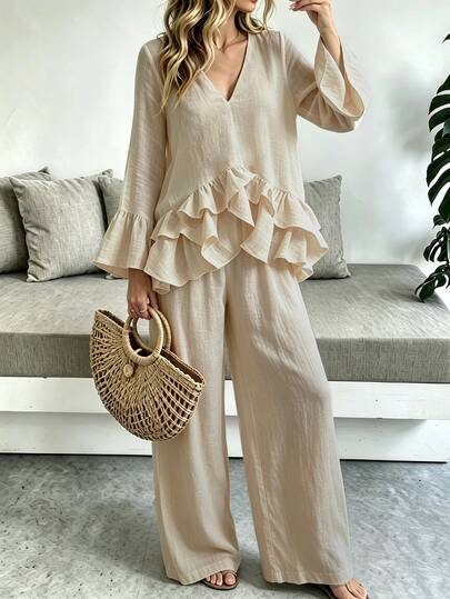 OPHERINE Women's Autumn New Long Sleeve 2 Pieces Set, Casual Romantic Elegant Outfit, Vacation Wear Vacation Beige