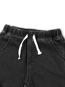 SHEIN Vacaura 青少年男孩工裝直筒褲，四季新款休閒極簡百搭款，大側邊工裝口袋，白色抽繩鬆緊腰，街頭風黑灰色水洗工裝寬腿牛仔直筒褲，可搭配衛衣、T恤、運動鞋，適合日常穿著與度假 - 黑色 - 查看 5