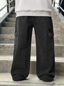 SHEIN Vacaura 青少年男孩工裝直筒褲，四季新款休閒極簡百搭款，大側邊工裝口袋，白色抽繩鬆緊腰，街頭風黑灰色水洗工裝寬腿牛仔直筒褲，可搭配衛衣、T恤、運動鞋，適合日常穿著與度假 - 黑色 - 查看 2