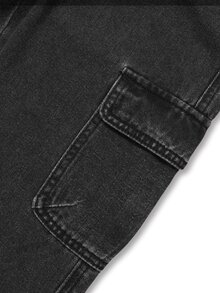 SHEIN Vacaura 青少年男孩工裝直筒褲，四季新款休閒極簡百搭款，大側邊工裝口袋，白色抽繩鬆緊腰，街頭風黑灰色水洗工裝寬腿牛仔直筒褲，可搭配衛衣、T恤、運動鞋，適合日常穿著與度假 - 黑色 - 查看 6