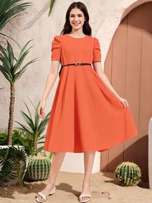 SHEIN Sparklyn 適用於節日的青少女紅色泡泡短袖迷你裙 - 橘色 - 查看 4