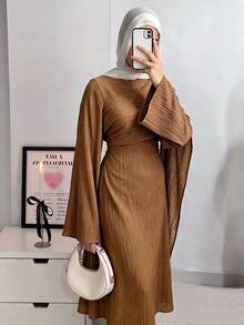 Elenzga Women's Shawl Long Sleeve Textured Dress - Coffee - View 3