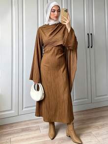 Elenzga Women's Shawl Long Sleeve Textured Dress - Coffee - View 1