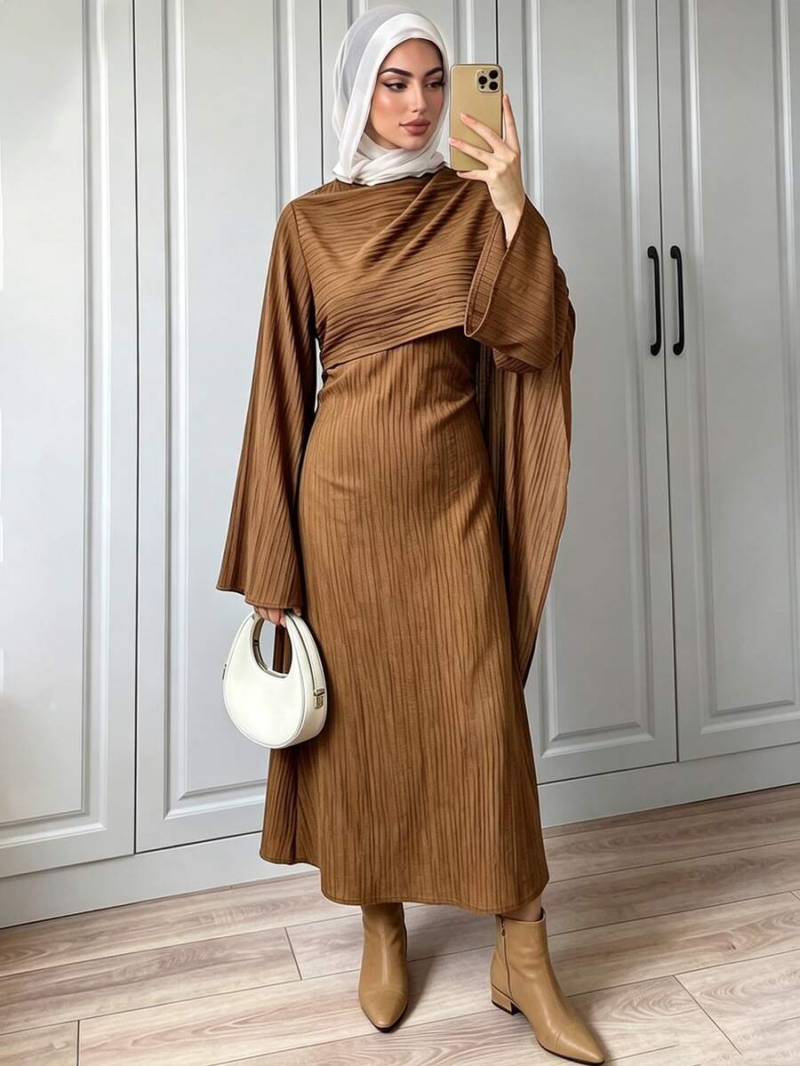 Elenzga Women's Shawl Long Sleeve Textured Dress - Coffee - View 1