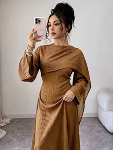Elenzga Women's Shawl Long Sleeve Textured Dress - Coffee - View 4