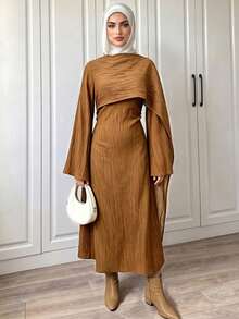 Elenzga Women's Shawl Long Sleeve Textured Dress - Coffee - View 6