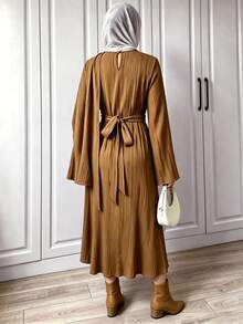 Elenzga Women's Shawl Long Sleeve Textured Dress - Coffee - View 2