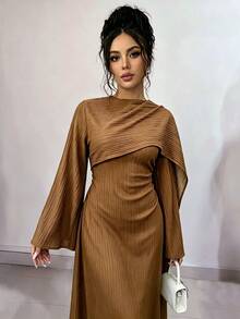 Elenzga Women's Shawl Long Sleeve Textured Dress - Coffee - View 5
